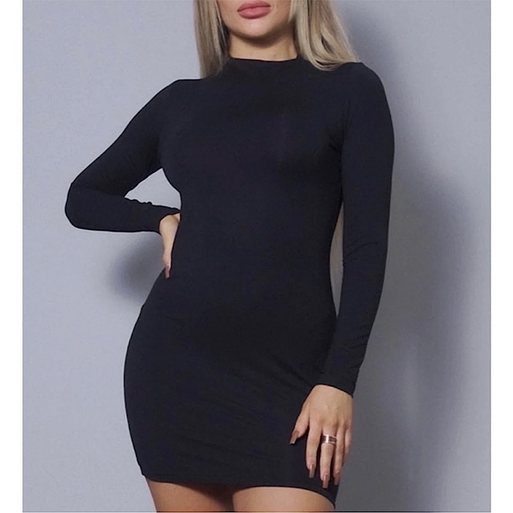 WOMENS HIGH NECK LONG SLEEVE BASIC BODYCON DRESS - Picture 2 of 5